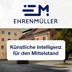 Eventbild für den Vortrag "Künstliche Intelligenz für den Mittelstand". Zu sehen ist das Logo der Ehrenmüller GmbH und der Vortragsname auf einem Foto von Der Salon in Kempten.